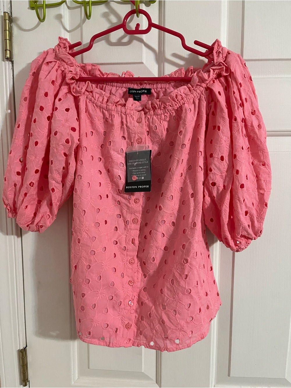 Boston Proper Womens Eyelet Blouse Medium Pink  Cotton NWT boho romantic